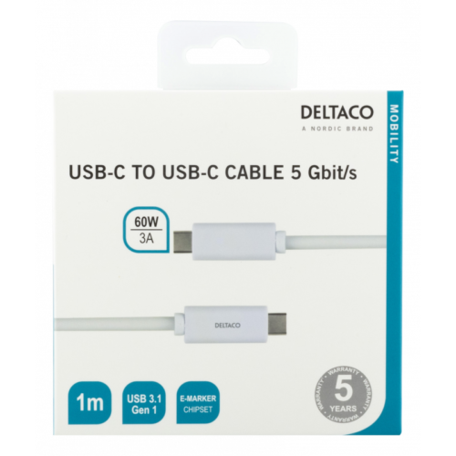 DELTACO MOBILITY USB-C TO USB-C CABLE 3.2 GEN 1M WHITE