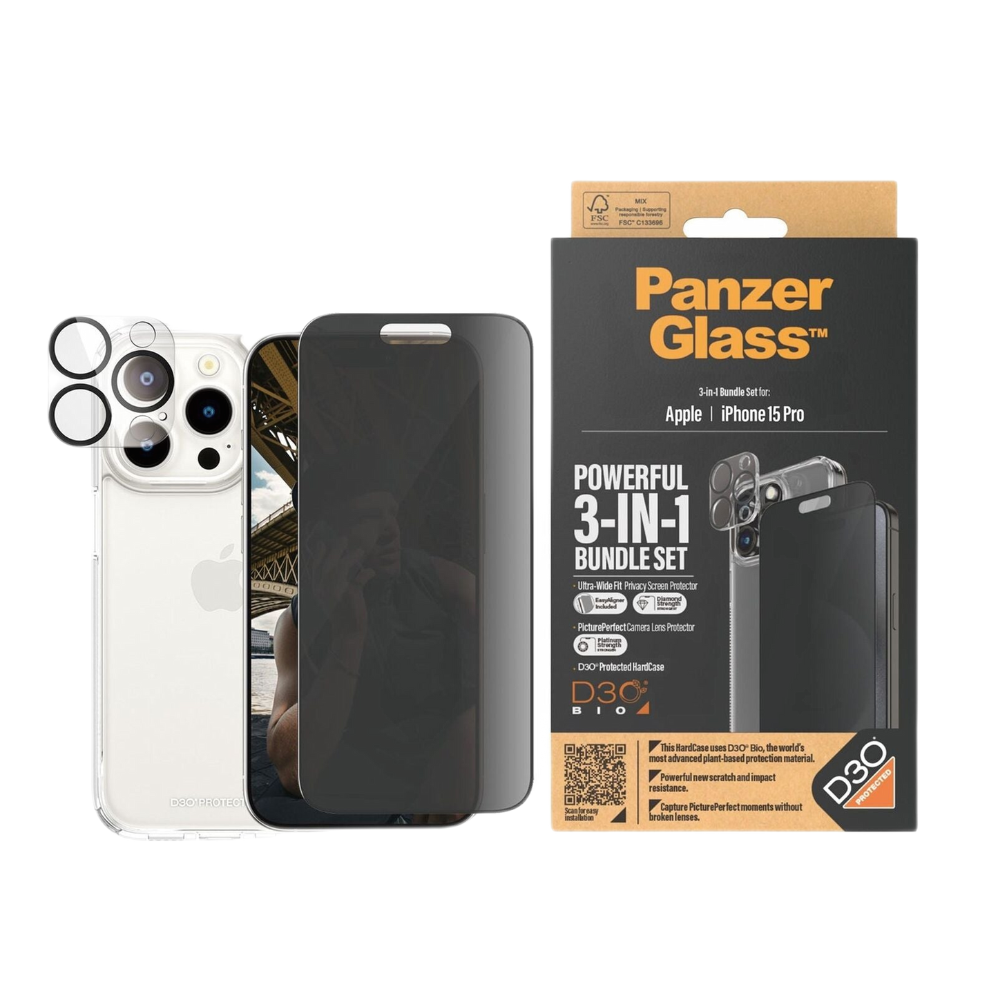 PANZERGLASS PRIVACY SCREEN AND LENS PROTECTOR AND CASE 3IN1 BUNDLE IPHONE 15 PRO