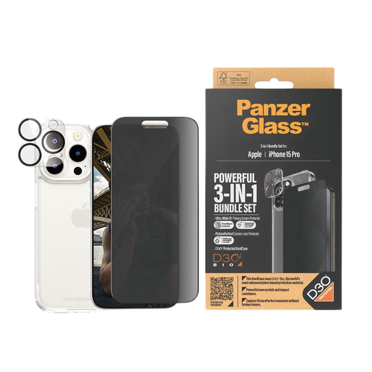 PANZERGLASS PRIVACY SCREEN AND LENS PROTECTOR AND CASE 3IN1 BUNDLE IPHONE 15 PRO