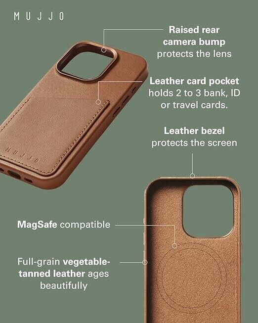 MUJJO STYLISH PROTECTION FULL LEATHER CASE IPHONE 15 PRO DARK TAN BROWN