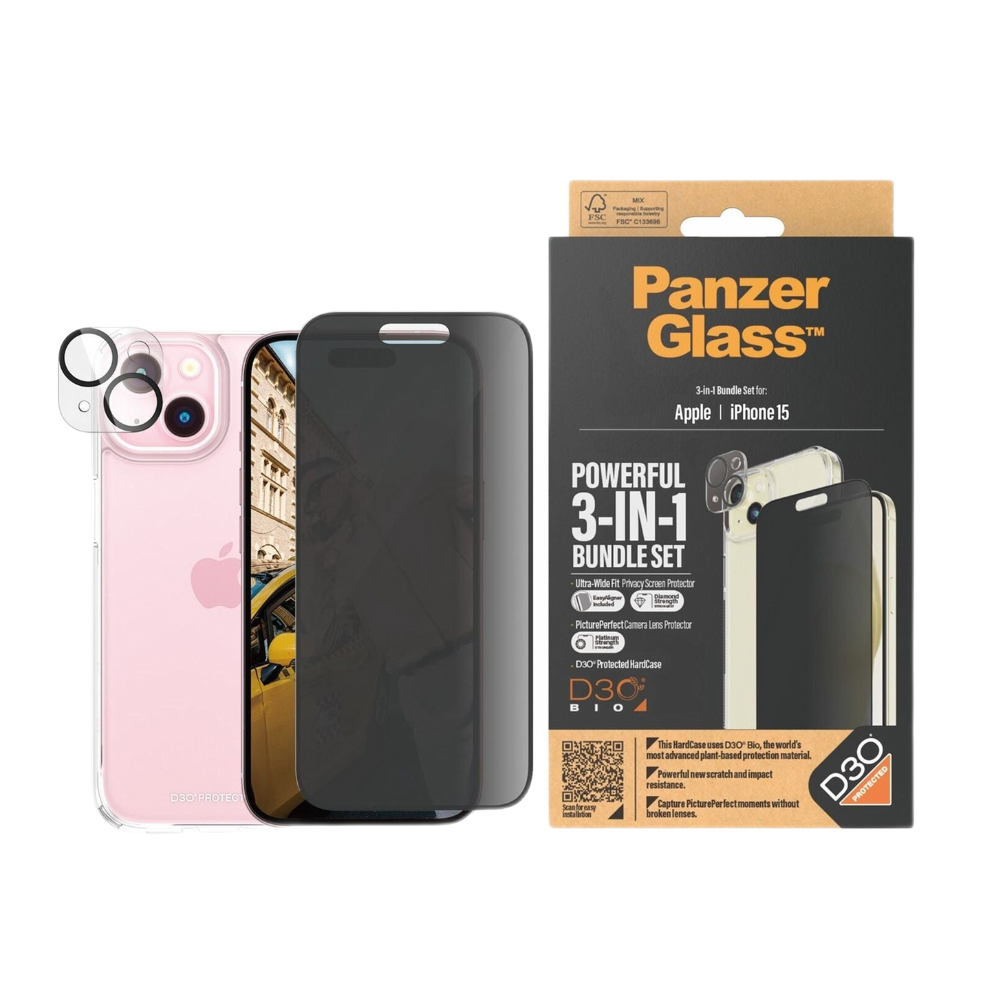 PANZERGLASS PRIVACY SCREEN AND LENS PROTECTOR AND CASE 3IN1 BUNDLE IPHONE 15