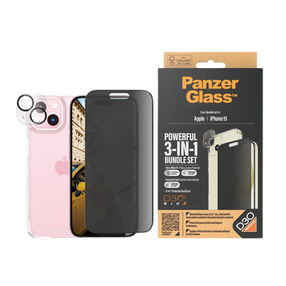 PANZERGLASS PRIVACY SCREEN AND LENS PROTECTOR AND CASE 3IN1 BUNDLE IPHONE 15