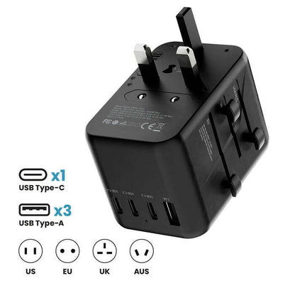 PRODIGEE ENERGEE POWER ADAPTER WORLD TRAVELER 1xUSB-C 3xUSB-A BLACK US/EU/UK/AUS