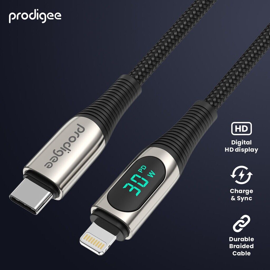 PRODIGEE ENERGEE DIGITAL CABLE WITH DISPLAY USB-C TO LIGHTING 30W 1.8M BLACK