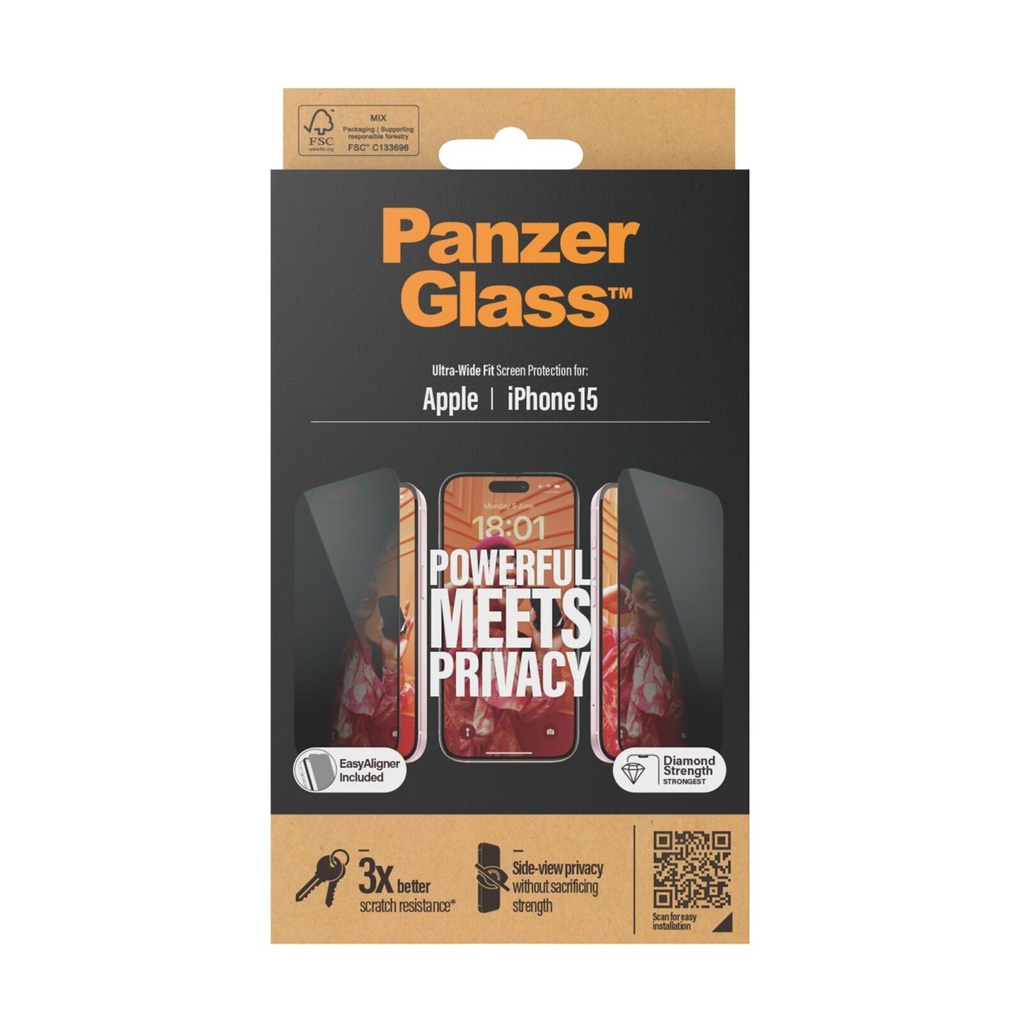 PANZERGLASS PRIVACY SCREEN GLASS PROTECTOR ULTRAWIDE FIT WEASYALIGNER IPHONE 15