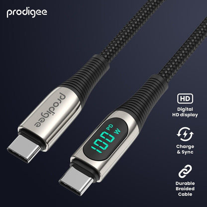 PRODIGEE ENERGEE DIGITAL CABLE WITH DISPLAY USB-C TO USB-C 100W 1.8M BLACK