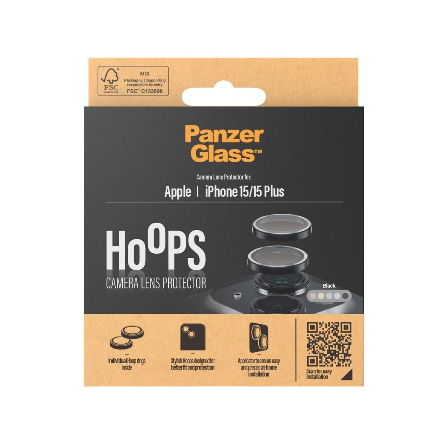 PANZERGLASS HOOPS CAMERA LENS GLASS PROTECTOR IPHONE 15/15 PLUS BLACK