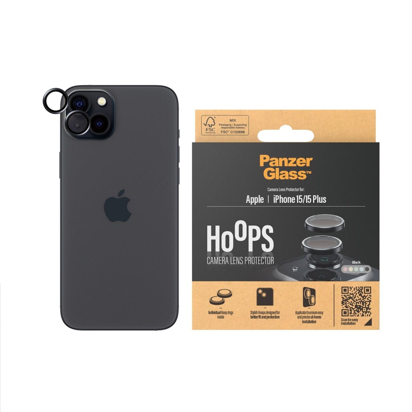 PANZERGLASS HOOPS CAMERA LENS GLASS PROTECTOR IPHONE 15/15 PLUS BLACK