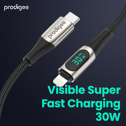 PRODIGEE ENERGEE DIGITAL CABLE WITH DISPLAY USB-C TO LIGHTING 30W 1.8M BLACK