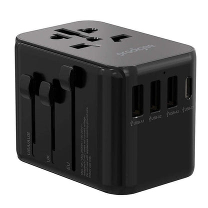 PRODIGEE ENERGEE POWER ADAPTER WORLD TRAVELER 1xUSB-C 3xUSB-A BLACK US/EU/UK/AUS