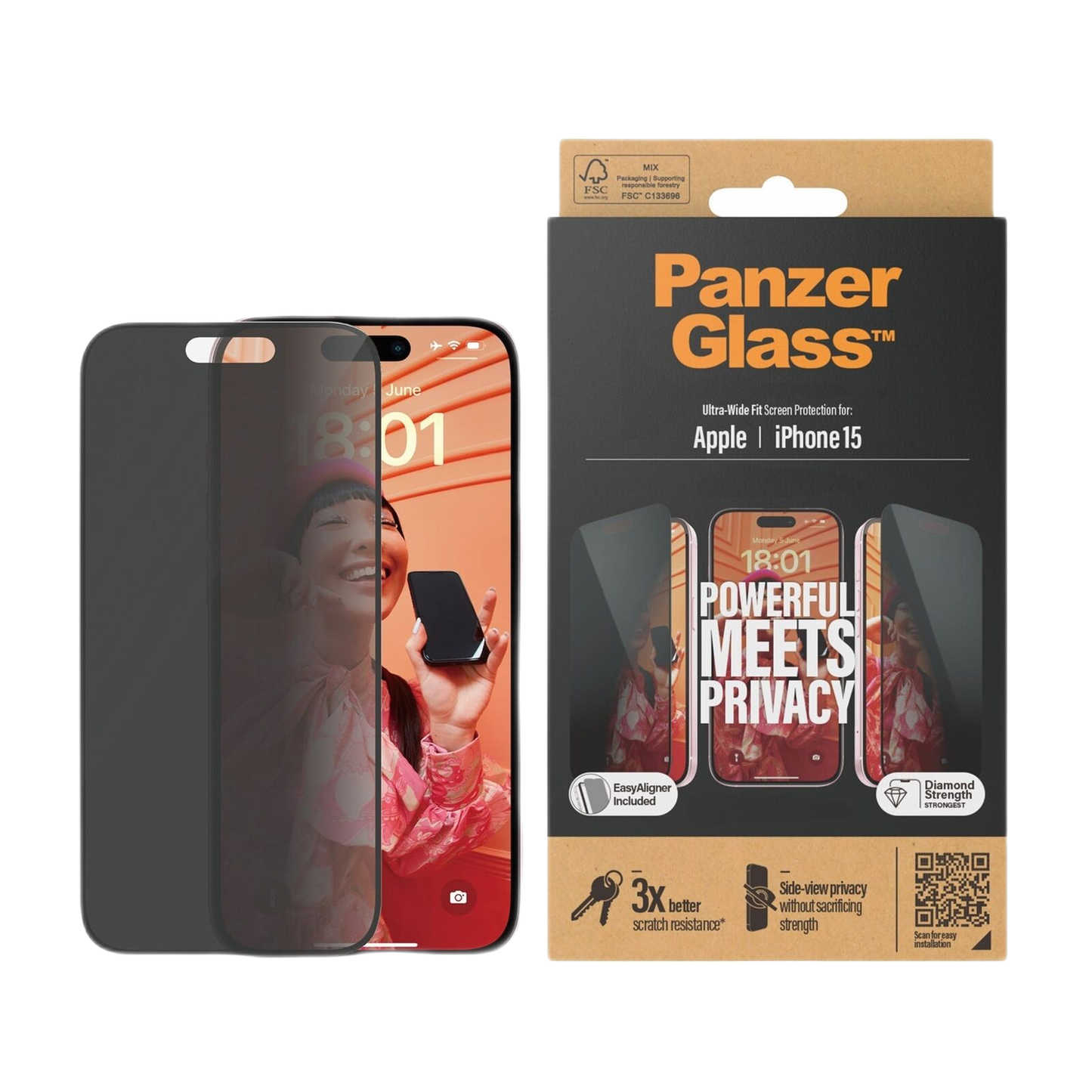 PANZERGLASS PRIVACY SCREEN GLASS PROTECTOR ULTRAWIDE FIT WEASYALIGNER IPHONE 15